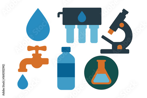 Water purification process illustrated with tools and equipment related to science and everyday use