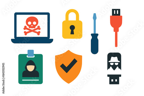 Digital security concepts featuring malware, protective tools, and identification items on a clean background
