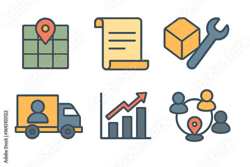 Icons representing logistics, delivery services, and inventory management for businesses in a digital format