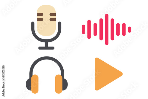 Elements of audio production featuring a microphone, sound waves, headphones, and a play button
