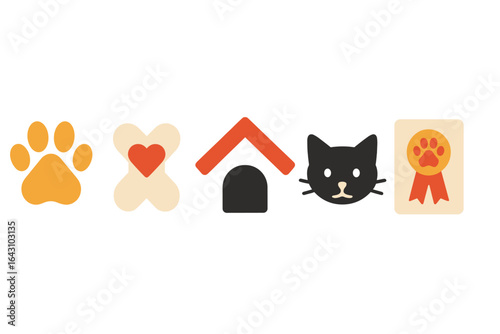Icons representing pet care and adoption featuring paw print, bone, heart, house, cat, and award
