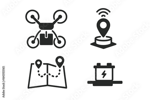 Drone delivery system with navigation and charging components in a modern design featuring key technology icons