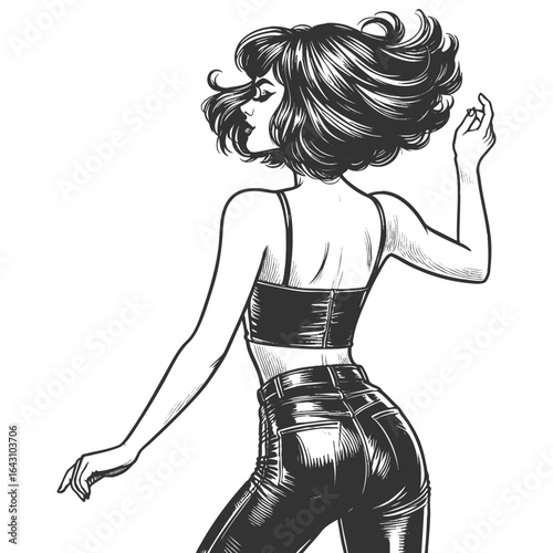 woman with short wavy hair, wearing a crop top and tight pants while dancing sketch engraving generative ai fictional character vector illustration. Scratch board imitation. Black and white image.