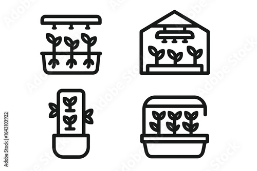 Illustrations of various indoor gardening setups featuring plants in containers under grow lights