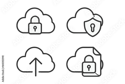 Cloud storage security icons showing encrypted data protection and safe file transfer