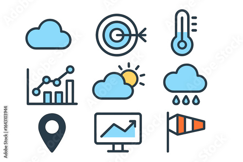 Weather icons representing various climatic conditions, graphs, and a location marker displayed in a simple design