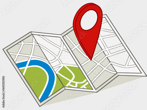 3D illustration of a folded city map with a large red location pin marker, showing streets, park, and water area, isolated on white background, clean and modern style
