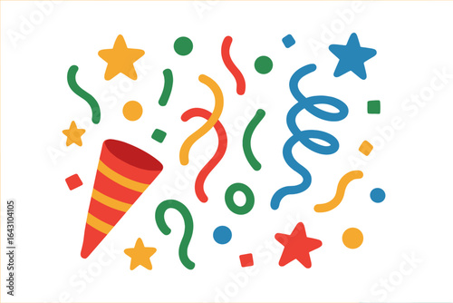 Colorful confetti and party horn create a festive atmosphere for celebrations and events throughout the year