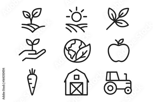 Collection of organic farming icons depicting plants, earth, sunshine, and farm equipment