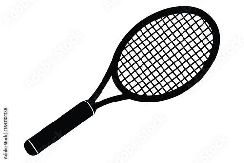 A striking black tennis racket silhouette features 