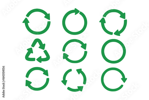 Collection of green recycling symbols featuring arrows in various designs on a white background