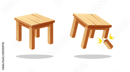 Square wooden stool. Broken wooden stool. Stool Vector isolated on white background.