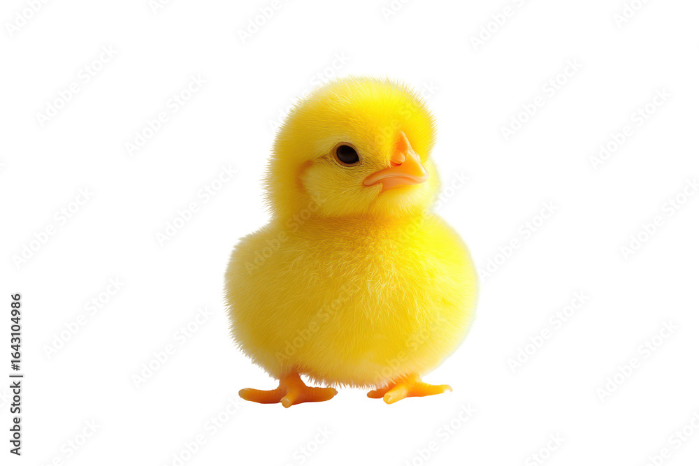 Obraz premium Adorable fluffy yellow chick standing isolated on transparent background. Chicken isolated on white background.