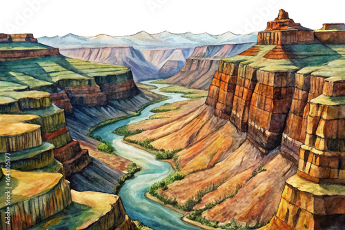 Grand Canyon vast cliffs, layered rock formations, Colorado River flowing through deep valleys, natural wonder of Arizona