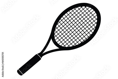 A single black tennis racket features detailed strings 