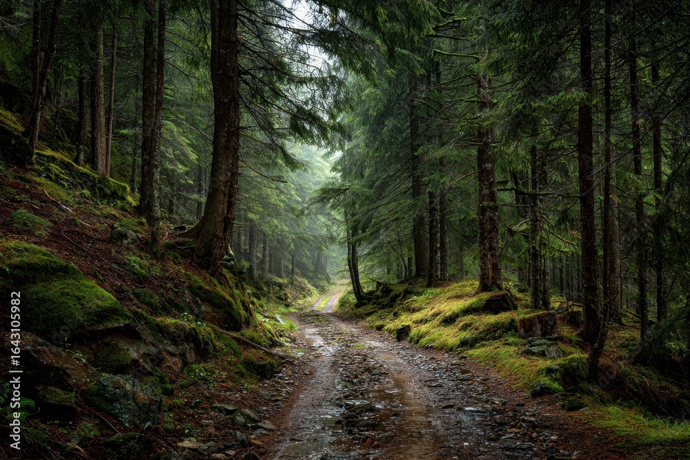 Naklejka premium Scenic forest route winding through lush greenery and tranquil atmosphere, inviting exploration and connection with nature