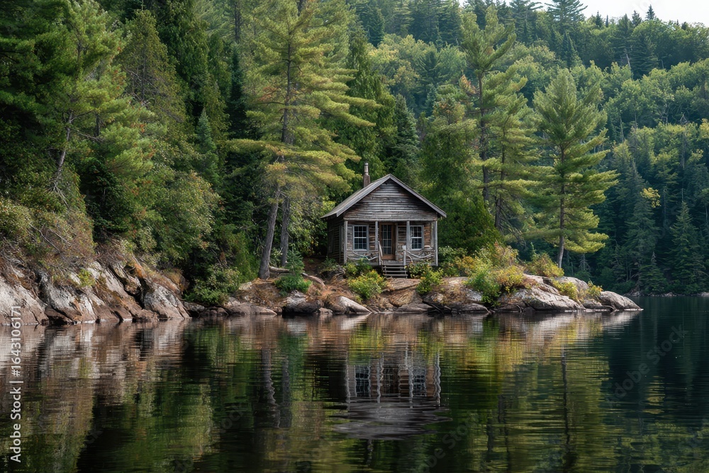 Fototapeta premium Cozy cabin nestled by a serene lake surrounded by lush forest in Algonquin Provincial Park during a calm afternoon