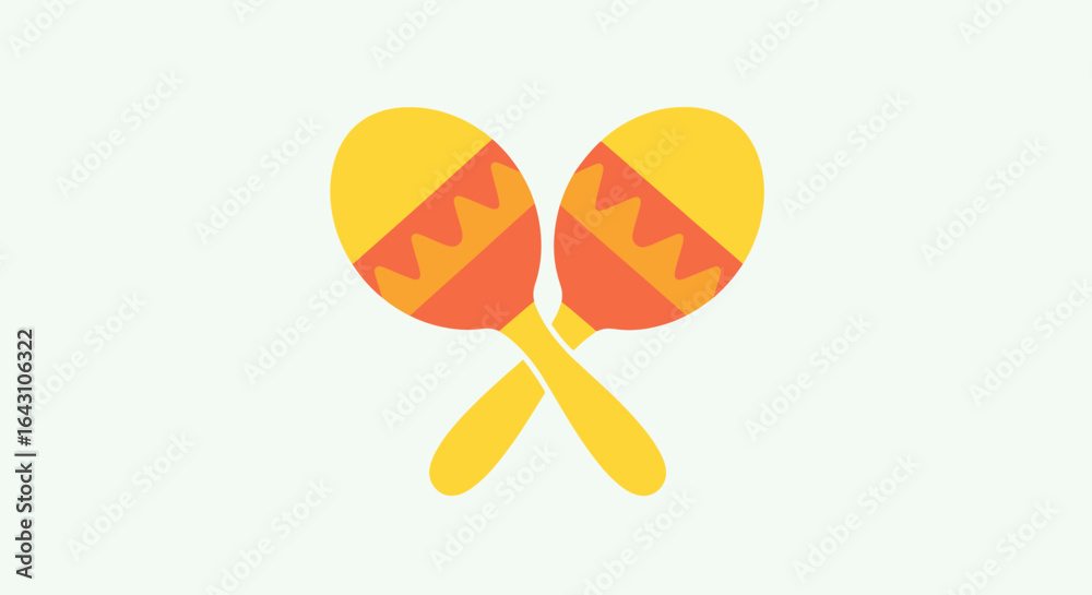 Fototapeta premium Flat lay of two crossed maracas with orange and yellow design against a light grey background, conveying a vibrant and festive mood.