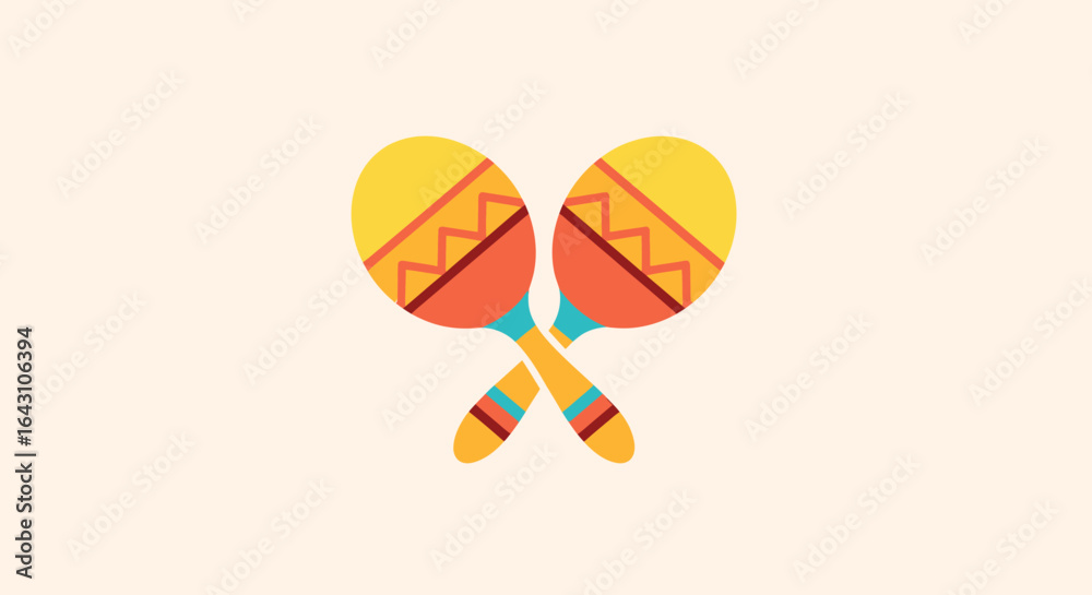 Fototapeta premium Flat lay image of a pair of crossed maracas with vibrant yellow, orange, and teal designs against a beige background, conveying a festive and playful mood.