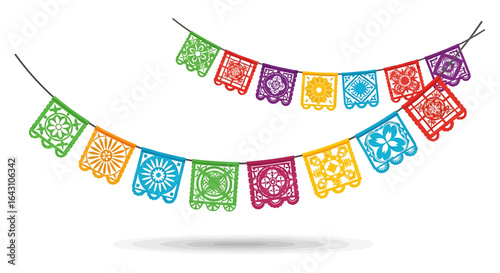 Colorful papel picado banners strung together against a white background, a festive flat lay illustration with vibrant colors and intricate designs.