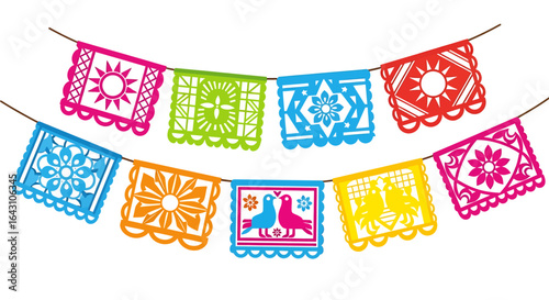 Vibrant papel picado banner with colorful Mexican designs hanging against a white background, a flat lay overhead shot showing intricate patterns and a festive mood.