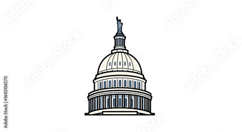 US Capitol Building illustration, front view, clean white background, simple line art style, neutral color palette, architectural detail.
