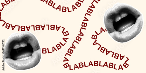 Halftone collage banner, open mouths and red text blah blah blah. Dialogue and discussion concept, elements cut out from magazine.