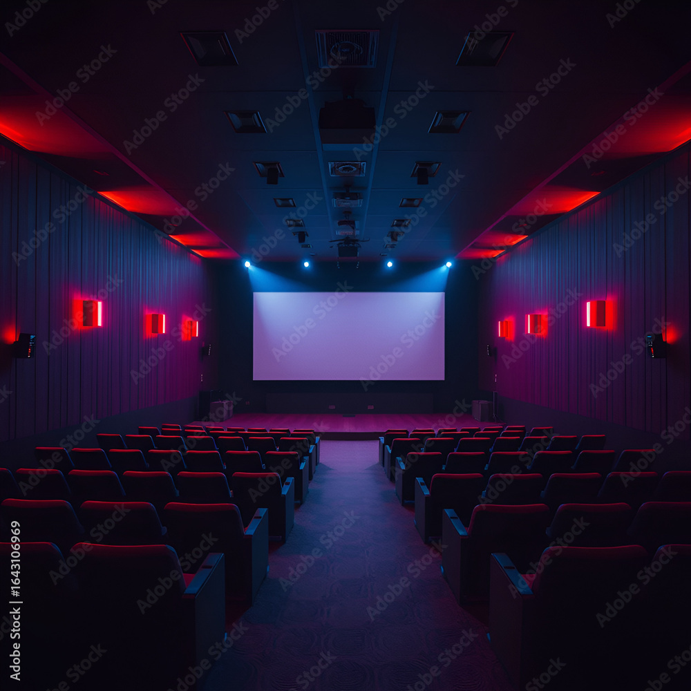 Fototapeta premium An empty cinema room with red and blue lighting casts a dramatic ambiance on an awaiting screen, a prelude to cinematic magic.