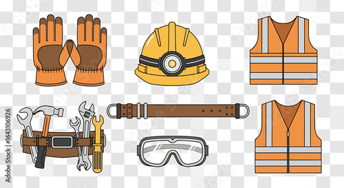 Flat lay of construction worker safety equipment: gloves, hard hat, safety vest, tool belt, and goggles, against a white background, conveying a practical and safe mood.