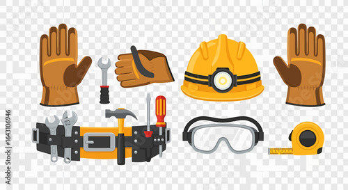 Flat lay of construction worker's tools including gloves, helmet, and measuring tape against a transparent background, showcasing a yellow and brown color scheme.