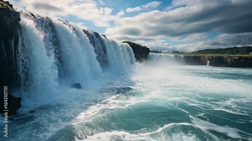 A magnificent waterfall flows powerfully over rocky cliffs into a wide river below. Sunlight illuminates the cascading water, creating a breathtaking natural display