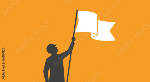 Silhouette of a construction worker raising a white flag against a vibrant orange background, a minimalist vector illustration conveying achievement and success.