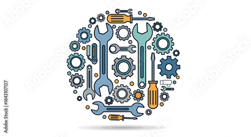 Flat lay of various tools and gears arranged in a circle, showcasing a variety of wrenches, screwdrivers, and cogs against a white background with a muted color palette.