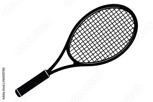 A simple monochrome rendering presents an overhead view of a tennis racket isolated