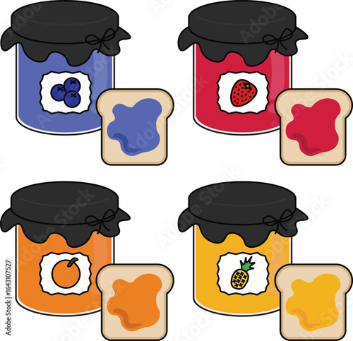 Colorful vector illustration of assorted fruit jams in glass jars with vibrant labels and fresh fruits, including strawberry, blueberry, pineapple, and orange.
