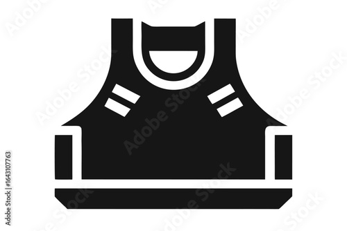 A solid black bulletproof vest is displayed as a simple on white