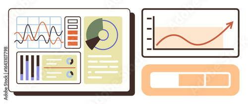 Analytical dashboard featuring line graphs, pie chart, bar charts, and progress bar. Ideal for business, analytics, performance tracking, data visualization marketing finance technology. Simple