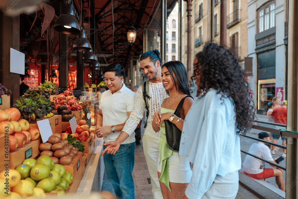 Obraz premium Tourists buying fresh fruit at Mercado de San Miguel in Madrid