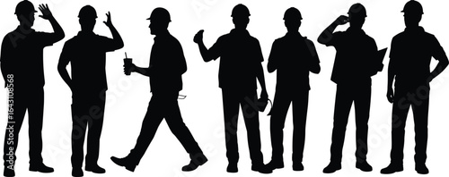 Construction worker silhouettes, hard hat safety, building industry team, engineering crew vector, industrial labor illustration, site workers graphic, occupational safety art