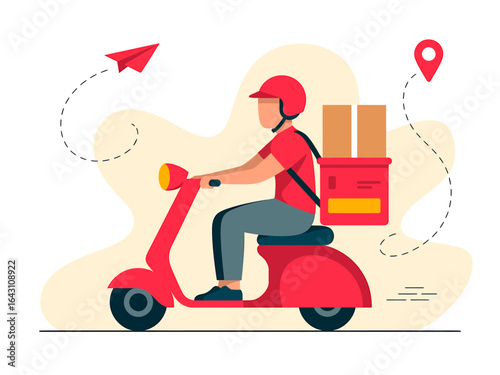 Fast delivery service with scooter rider and paper airplane representing speed and efficiency emphasizing modern ecommerce logistics