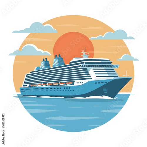 Luxury Cruise Ship Sailing at Sunset on a Tropical Vacation Getaway with Calm Waters and Soft Light in a Vector Illustration