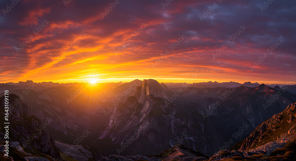 Naklejka premium Panoramic vista of a rugged mountain range bathed in the radiant glow of a fiery dawn over the misty valley peaks