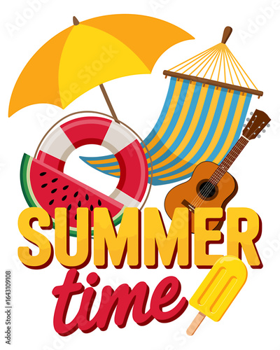 Summer time illustration with beach umbrella hammock guitar popsicle watermelon slice and life buoy for vacation mood and tropical vibes