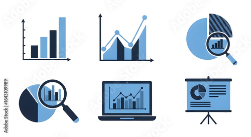 Collection of blue business analytics and data visualization icons including bar charts, line graphs, pie charts, and a laptop screen, isolated on transparent background
