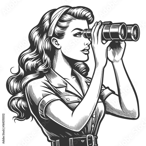 woman using binoculars, perfect for adventure, exploration, or vintage advertising concepts sketch engraving generative ai fictional character vector illustration. Scratch board. Black and white image