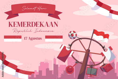 Celebrate indonesias independence day with a ferris wheel and city buildings. Perfect for indonesian holiday promotions and travel ads.