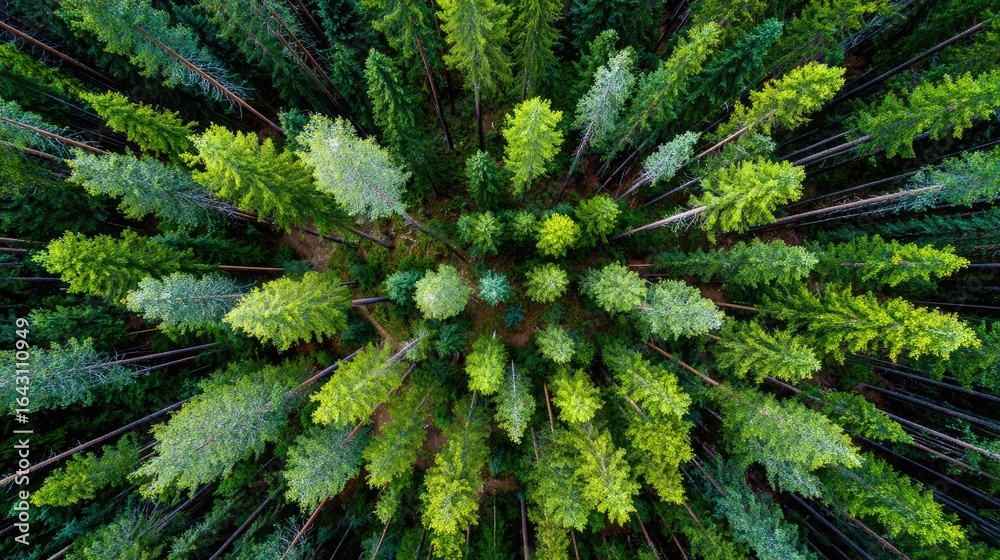 Fototapeta premium Aerial view of a dense coniferous forest