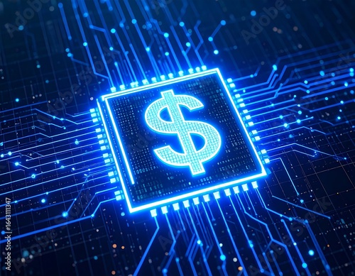 Circuit board with glowing dollar sign.  Digital money