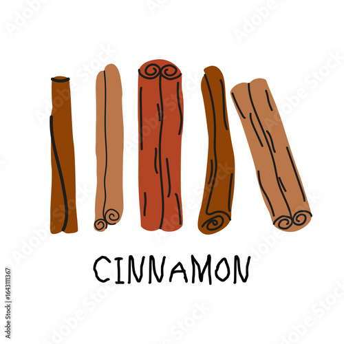 Cinnamon spices in sticks. Aromatic spices background in retro cartoon style. Hand drawn ingredients for baking, desserts, sweet food. Spices doodle groovy vector illustration