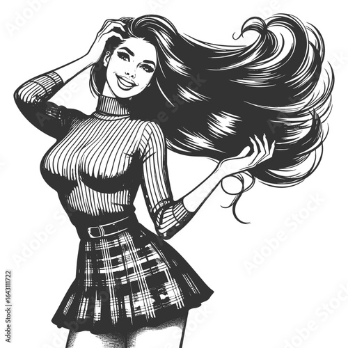 pin-up girl wearing a plaid skirt and tight turtleneck, smiling and posing playfully sketch engraving generative ai fictional character vector illustration. Scratch board imitation. Black and white.